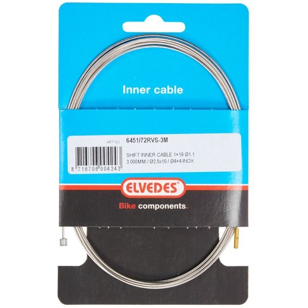 Indvendig gearkabel Elvedes 3000 mm 1 x 19 tråde rustfrit stål ø1,1 mm med ø2,5 × 10 og ø4 × 4 mm N-nippel - Sølv.